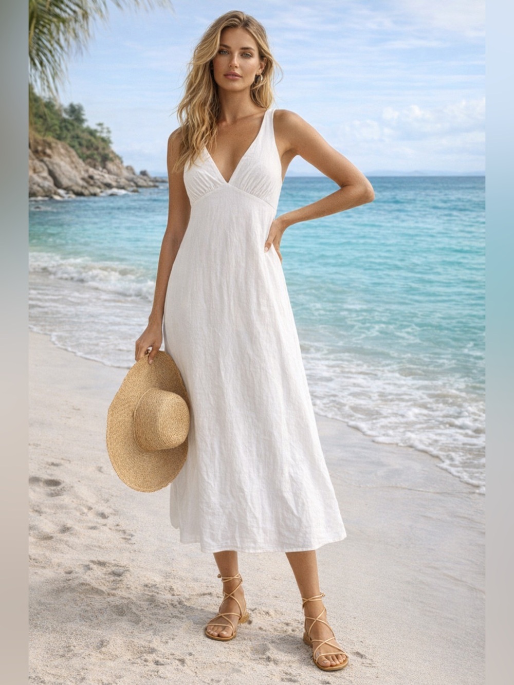 Old Navy White Sleeveless Halter V Neck Smocked Strapless Maxi Shift Sundress